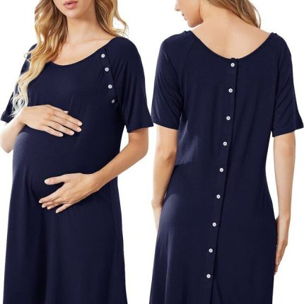 Women Maternity Nursing Nightgown with Button Short Sleeve Nursing Dress for Breastfeeding Labor and Delivery Gown for Hospital S-XXL
